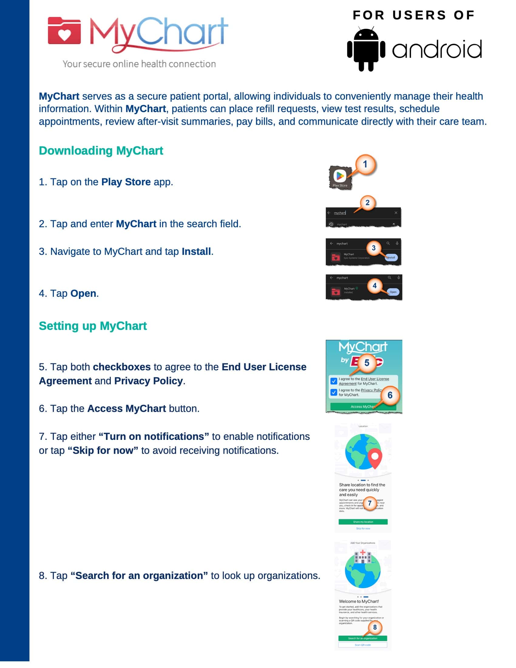 Instructions for downloading and setting up the MyChart app for Android users. Steps include tapping on the Play Store, searching for MyChart, installing the app, setting up notifications, and using the patient login in the patient portal to search for an organization. Screenshots accompany each step.