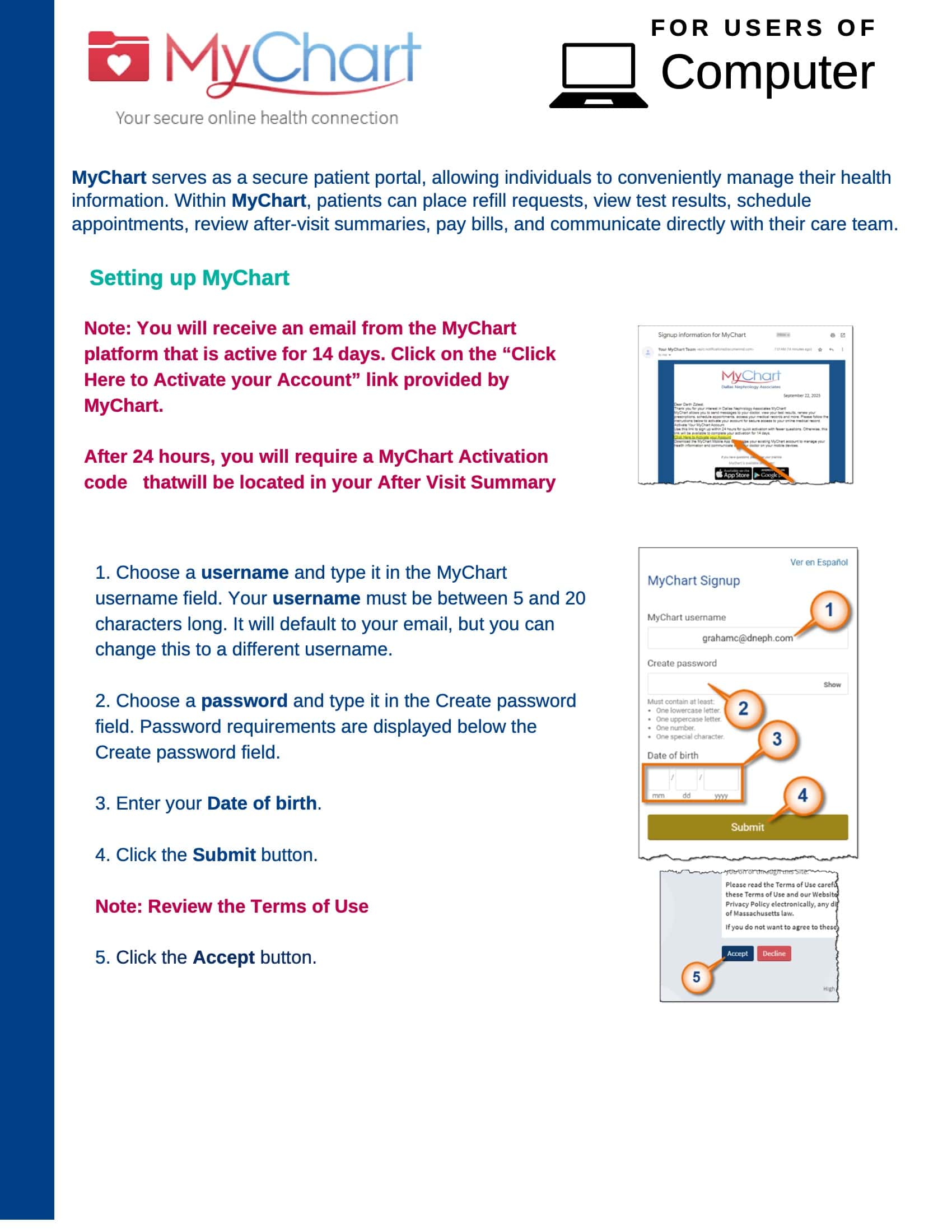 An instruction page for setting up a MyChart account. Steps include receiving an email with an activation code, choosing a username and password, entering a birth date, and accepting terms of use. Notable steps and warnings are highlighted in red text on the patient portal.