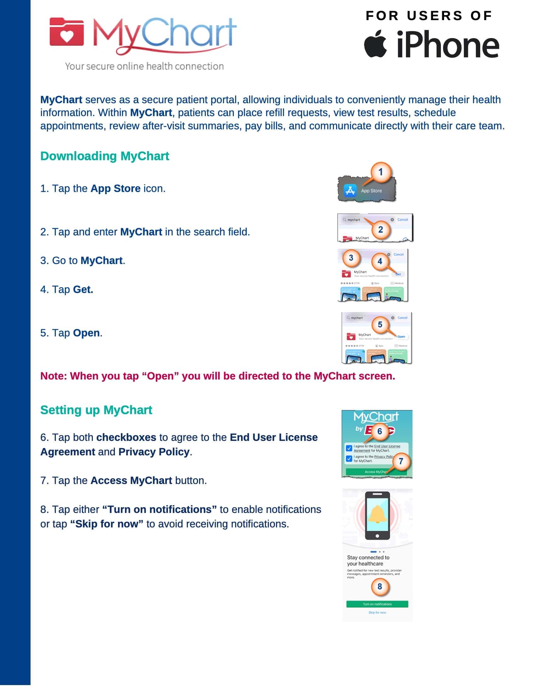 An informative guide on downloading and setting up the MyChart app on an iPhone. Instructions include tapping the App Store icon, searching for MyChart, downloading, and opening it. This patient portal setup requires accepting user agreements, turning on notifications, and tapping 'Skip for now.'