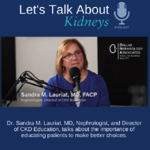 Dr. Sandra M. Lauriat, in a blue blouse, speaks into a microphone for the podcast "Let's Talk About Kidneys." As a nephrologist, she delves into patient education on diet and nutrition for better health choices, presented by Dallas Nephrology Associates.